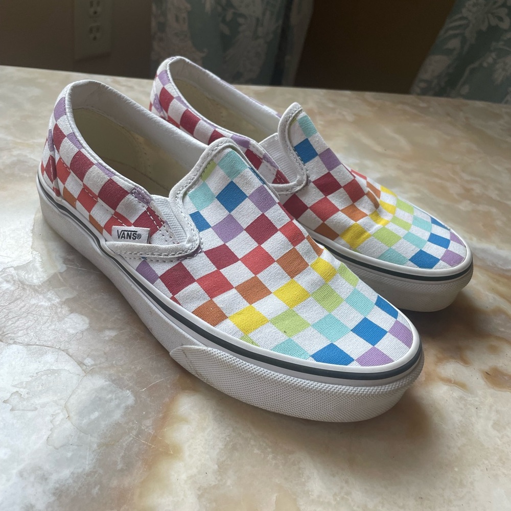 Vans Checkerboard Slip-On Flats in Rainbow Colors